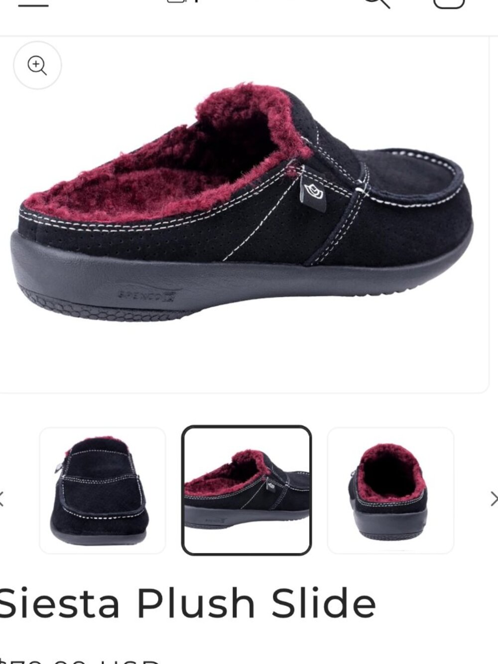 Spenco Siesta Plush Slipper Clogs Black Suede Burgandy Fur Orthotic Support W8